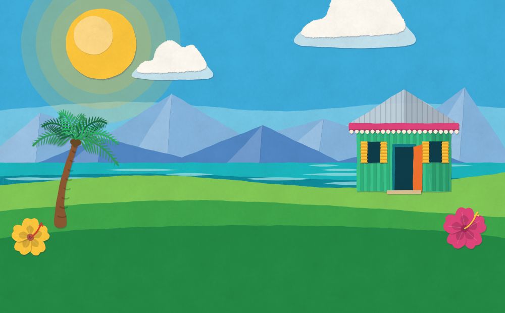 Paper cut-out of Doc's yard by the sea