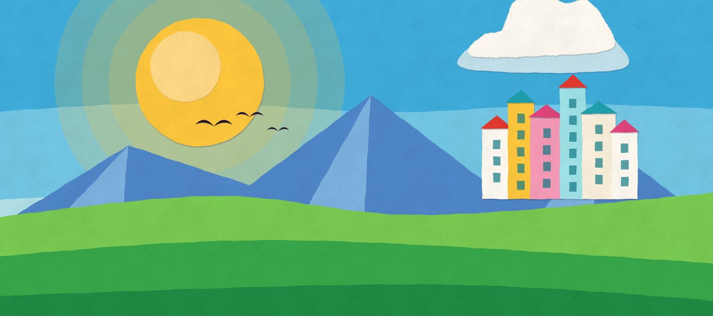 Paper cut-out of a hillside town under the sun
