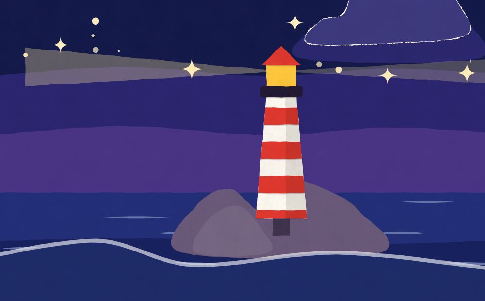 Paper cut-out of a lighthouse at night